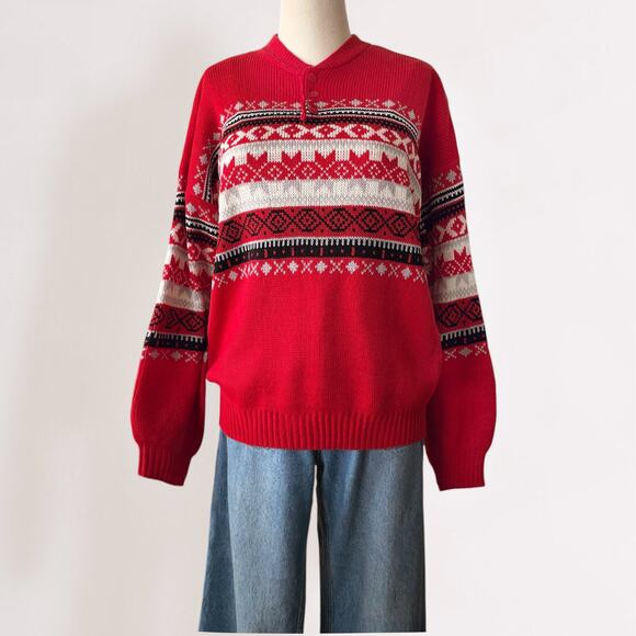 Vintage 90s Fair Isle Sweater Apres Ski Nordic Red Henley Cozy Knit Scandi XL - Picture 9 of 11